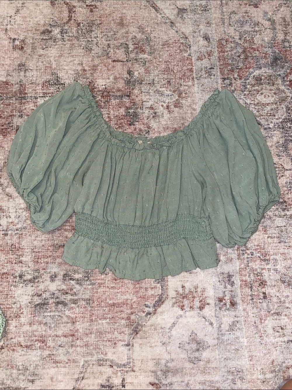Altar'd State Sage Green Puff-Sleeve Smocked Crop Top